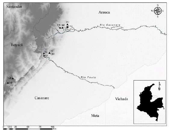 Área de estudio: bosques subandinos y de piedemonte de la vertiente orinoquense de la cordillera de los Andes, Colombia. BP= vereda Brisas del Tonce (Chámeza, Casanare); AR= vereda Los Alpes (Recetor, Casanare); SP=vereda San Pedro (Támara, Casanare); TA= vereda Tabloncito (Támara, Casanare); QH y CS= vereda Quebrada Honda (Támara, Casanare); CA4 y CA5= vereda Caribabare (Tame, Arauca); PU= vereda Puna Puna (Tame, Arauca); BP y EB = vereda El Banco Tame, Arauca).