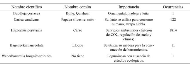 Nombre científico, nombre común, usos e importancia y número de ocurrencias o coordenadas geográficas de reporte de cada una de las cinco especies de flora categorizada (CR) evaluadas en el modelamiento de nicho ecológico actual y proyectado