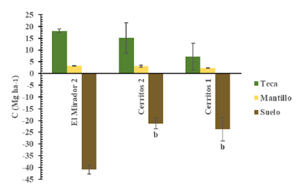 Acumulación de C en plantaciones de teca a los 6 años en el estado de Nayarit, México. Valores de medias (± error estándar) en cada barra sin letras son estadísticamente diferentes (p≤0.05); n = 75 (teca). n = 6 (mantillo y suelo).