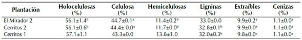 Composición lignocelulósica de la madera de teca a los 6 años en el estado de Nayarit, México (n=6).