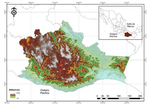 Ubicación del estado de Oaxaca, México. Modelo de elevación tomado de INEGI.
