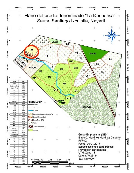 Localizacin de rodales comerciales de G. arborea (crculo rojo) de 18 aos en el municipio de Santiago Ixcuintla, estado de Nayarit, Mxico