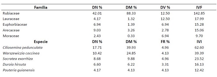 Familias y especies botnicas con mayor ndice de valor de importancia en un bosque de piedemonte de Cubarral, Meta (DN: densidad; DM: dominancia; DV: diversidad; FR: frecuencia)