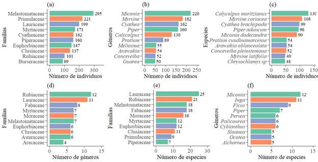 Abundancia y diversidad florísticas de familias, géneros y especies al norte de la Serranía de Los Yariguíes. a) Familias más abundantes; b) géneros más abundantes; c) especies más abundantes; d) familias con mayor número de géneros; e) familias con mayor riqueza de especies; f) Géneros con mayor riqueza de especies.