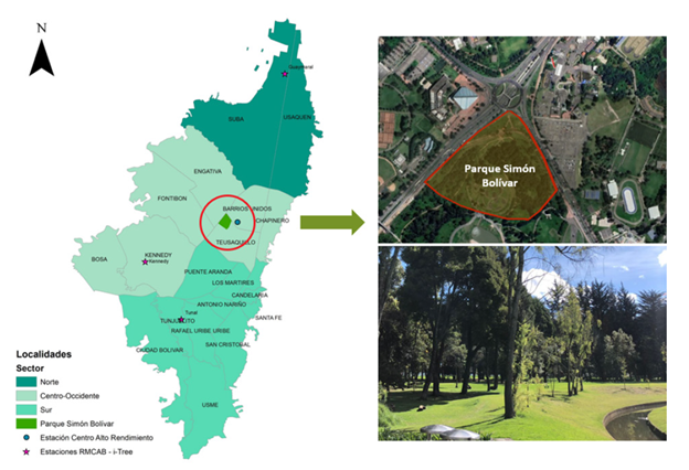 Ubicaci�n del Parque Sim�n Bol�var en la ciudad de Bogot� y de la barrera modelo dentro del parque