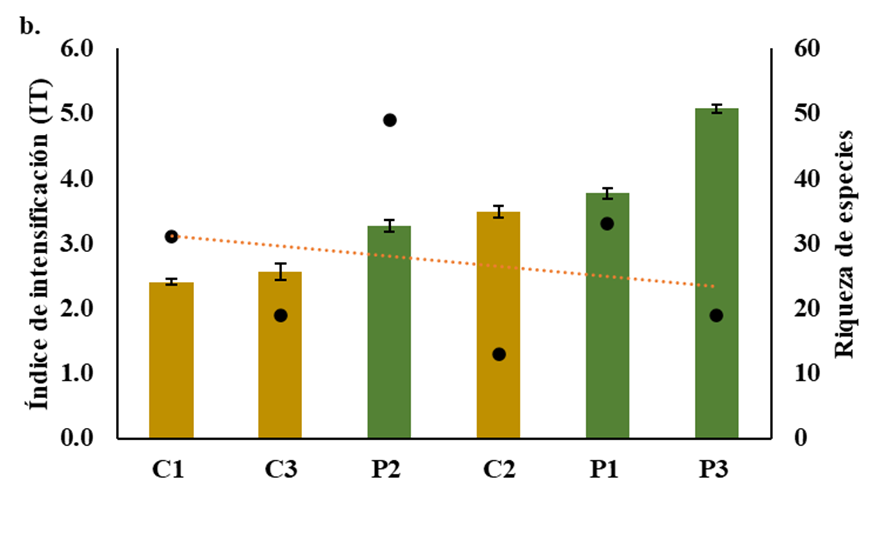 �ndice total de intensificaci�n (barras verdes: potreros; barras amarillas: ca�as de az�car) y riqueza observada para cada uno de los sitios (puntos negros). El eje Y de la izquierda corresponde a la suma de los �ndices obtenidos para cada variable en las matrices evaluadas, y el eje Y de la derecha indica la riqueza observada para cada sitio. C: Ca�a de az�car, P: Potrero. C1: San Juli�n, C2: Colindres, C3: El Medio, P1: El Hatico, P2: El V�nculo, P3: Las Pilas. a) Muestreo uno. b) Muestreo dos. c) Tendencia general para todos los sitios y ambos muestreos.