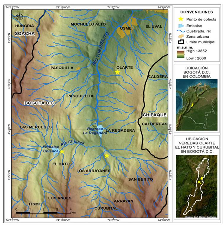 Mapa de la zona rural de Usme. Las estrellas indican los puntos de colecta de ejemplares de herbario de las tres especies.