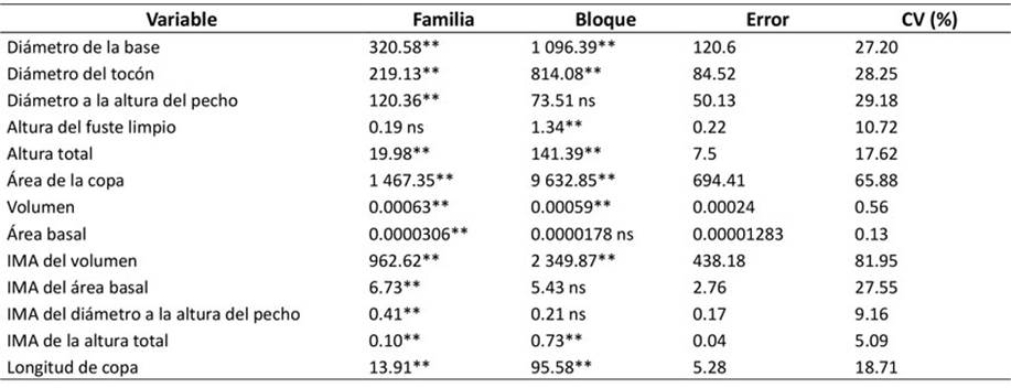 Resumen del análisis de varianza de variables dasométricas de familias selectas de Pinus pseudostrobus Lindl.