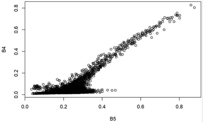 Relaciones entre las bandas R (B4) y NIR (B5)