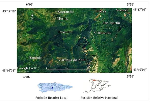 Localización de los senderos forestales en el área del Concejo de Proaza
