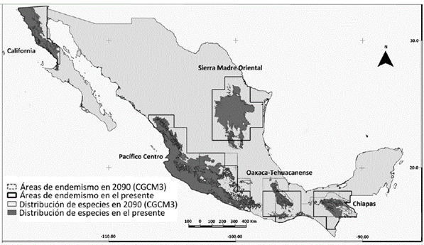 En el mapa se muestran 5 &aacute;reas de endemismo obtenidas al realizar el an&aacute;lisis de endemicidad para el presente y el futuro (CGCM3). En el caso de la Sierra Madre Oriental (SMO) solo se obtuvo en la l&iacute;nea base. Aunque las formas de las superficies pueden variar entre los 3 modelos de circulaci&oacute;n general, los resultados fueron muy similares en cuanto a los efectos del cambio clim&aacute;tico: desplazamiento de las &aacute;reas de endemismo, cambios en la composici&oacute;n biol&oacute;gica de cada &aacute;rea y p&eacute;rdidas de &aacute;reas en el futuro.