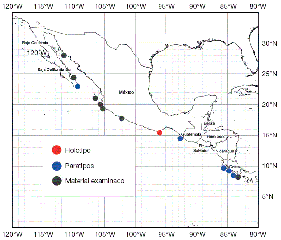 Mapa que muestra las localidades de los registros de la serie tipo y los ejemplares de 
								Ginglymostoma unami  sp. nov. examinados. La distribuci&oacute;n de la especie se restringe al Pac&iacute;fico oriental tropical.
							