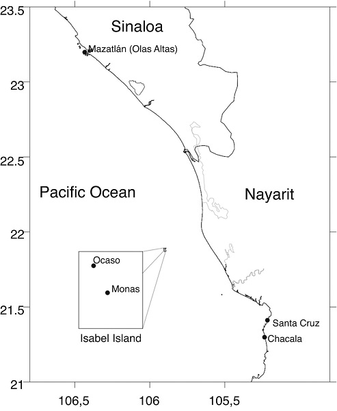 Sampling sites in Nayarit and Sinaloa in the Pacific coast. Ocaso, Monas, Santa Cruz and Chacala in Nayarit; Olas Altas in Sinaloa.