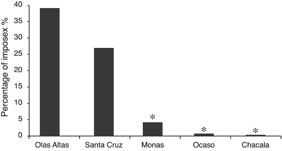 Percentage of imposex in Plicopurpura pansa of 5 study sites. *Statistically different with respect to Olas Altas and Santa Cruz. p<0.05 Chi square test.