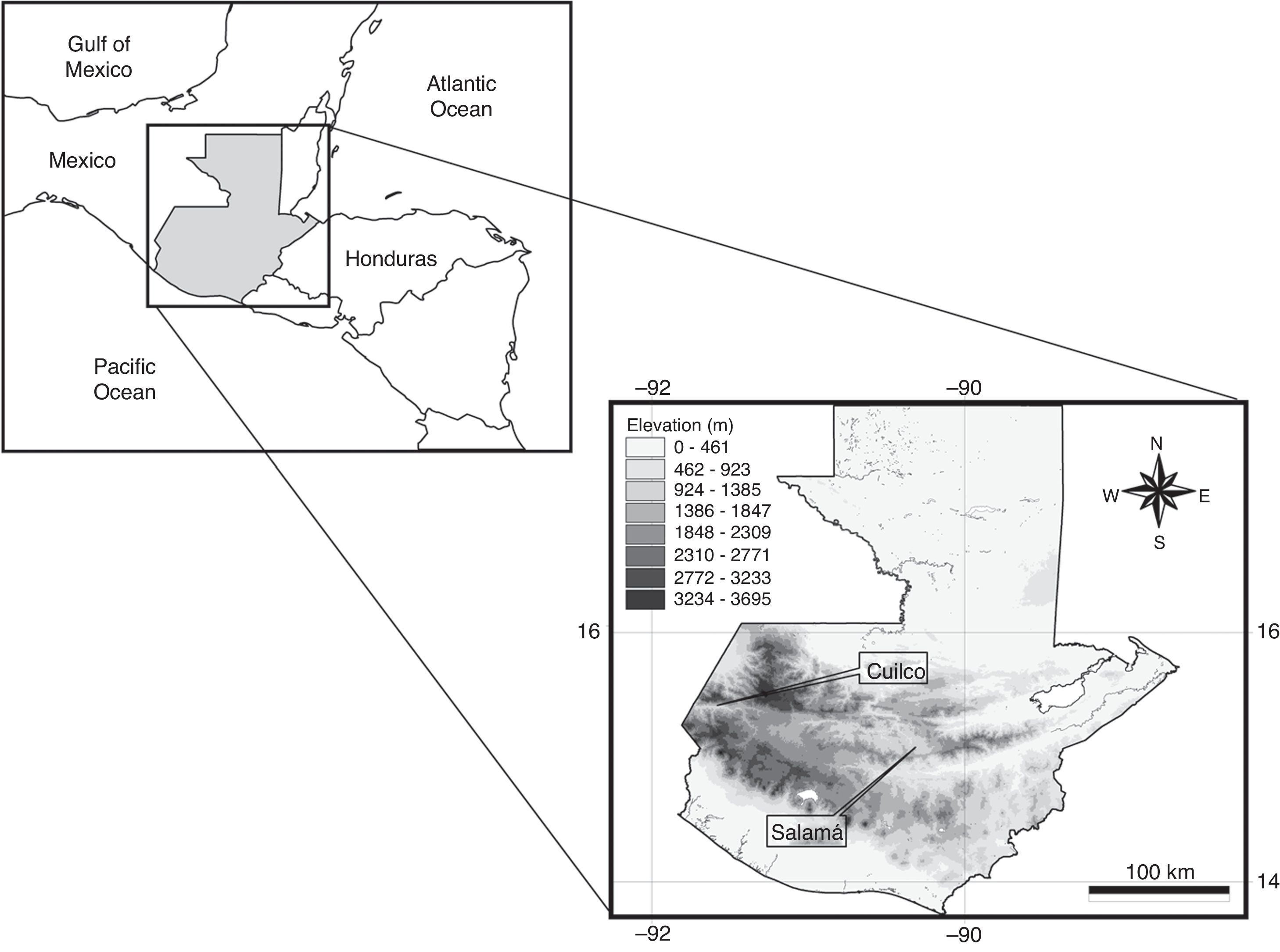 Inter-mountain dry valleys where individuals of Choeronycteris mexicana were captured in Guatemala. (1) Cuilco and (2): Salamá.