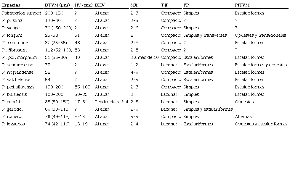 Comparaci&oacute;n de caracteres de especies de Palmoxylon del Cret&aacute;cico tard&iacute;o y Mioceno.