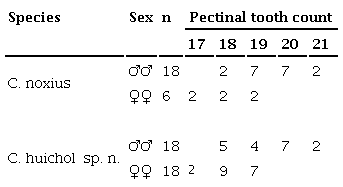 Pectinal tooth count variation in 
								Centruroides noxiusHoffmann, 1932 (topotypes) and its closest relative Centruroides huichol sp. n. (types). Abbreviations: number of pectines (n).
							