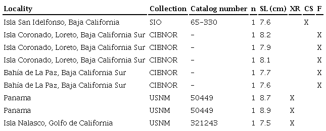 List of the biological material revised from museum collection: (1) Colecci&oacute;n de Peces del Centro de Investigaciones Biol&oacute;gicas del Noroeste (CIBNOR), La Paz, B.C.S., Mexico; (2) Collection of marine vertebrates, Scripps Institution of Oceanography (SIO), San Diego, California, USA; and (3) Fish collection of the National Museum of Natural History, Smithsonian, (USNM), Washington, Columbia District, USA. XR: X-ray; CS: clearing and staining technique; F: fleshing.