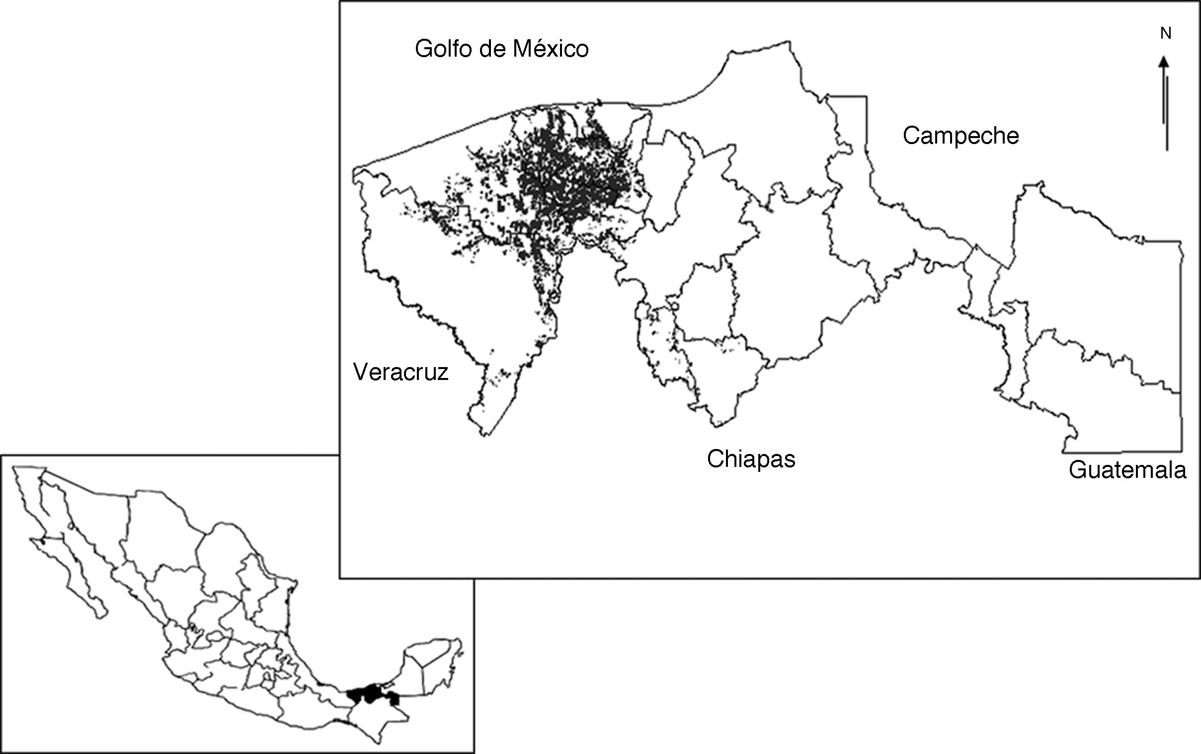 Ubicaci&oacute;n del estado de Tabasco en la Rep&uacute;blica Mexicana (recuadro inferior) y distribuci&oacute;n de las plantaciones de cacao en Tabasco, M&eacute;xico (recuadro superior).