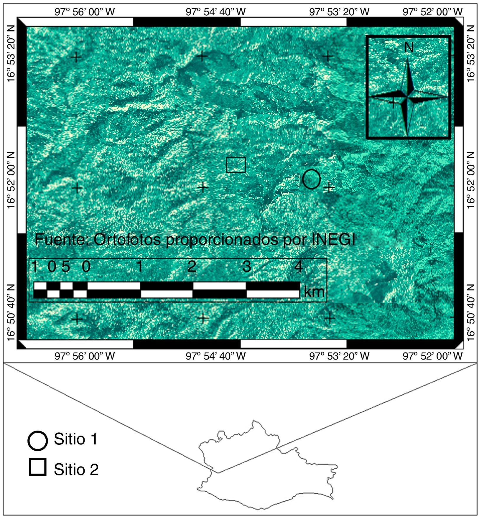 Ubicaci&oacute;n del sitio 1 y el sitio 2 en la Sierra Sur de Oaxaca.