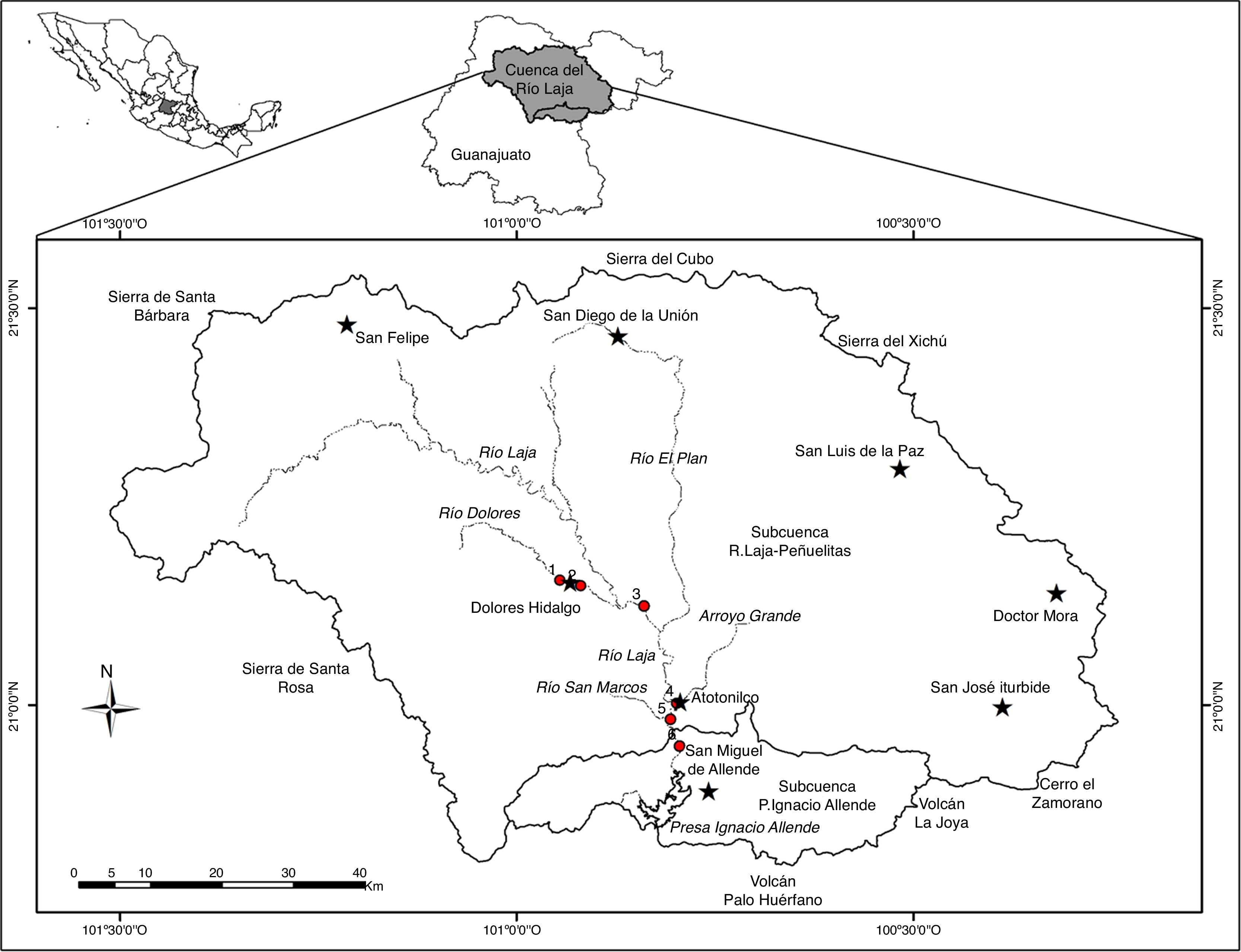 Sitios de muestreo en la cuenca alta del r&iacute;o Laja. Entrada (1) y salida (2) del r&iacute;o Dolores a la ciudad de Dolores Hidalgo, rancho San Gabriel (3), Atotonilco (4), La Gruta (5) y puente a Guanajuato (6).