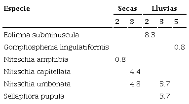 Abundancia relativa (%) de las formas teratol&oacute;gicas de 6 especies en la cuenca alta del r&iacute;o Laja. Los sitios que presentaron estas alteraciones morfol&oacute;gicas fueron el 2 (salida Dolores Hidalgo) y 3 (rancho San Gabriel) en ambas temporadas y el 5 (La Gruta) en lluvias.