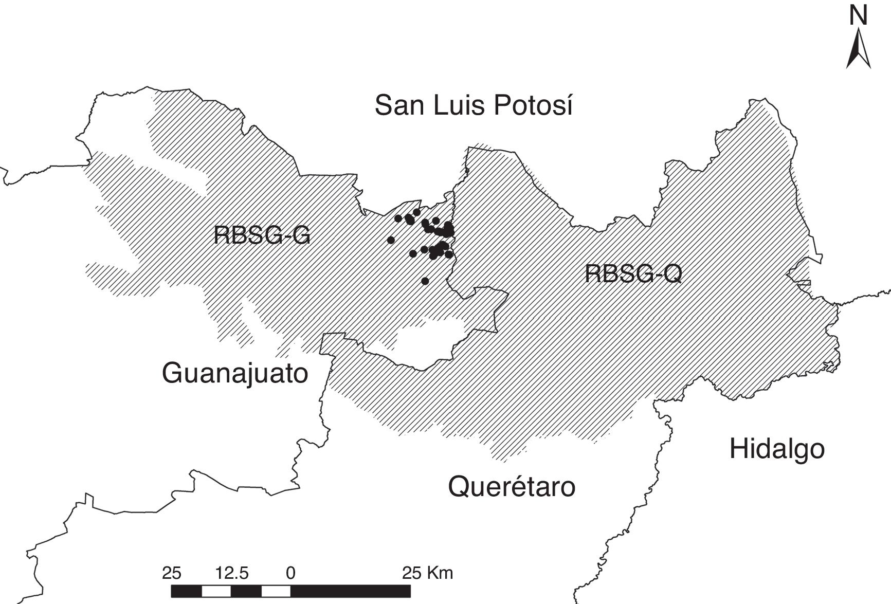 Ubicaci&oacute;n geogr&aacute;fica de las Reservas de la Biosfera Sierra Gorda de Guanajuato (RBSG-G) y Quer&eacute;taro (RBSG-Q). Los puntos negros indican la ubicaci&oacute;n de los sitios de muestreo.