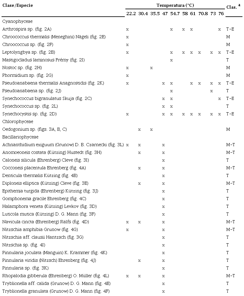 Listado florístico y presencia en relación con la temperatura.