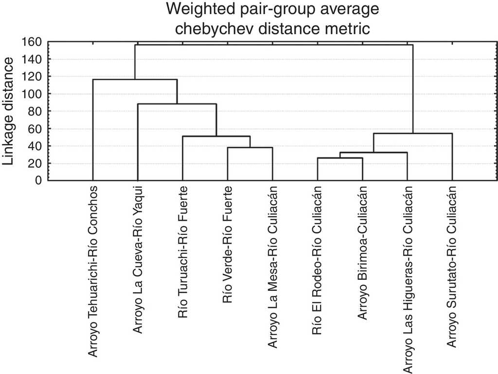 Tree diagram resulting from the squared Mahalanobis&rsquo; distances for populations of suckers (Catostomus sp.) from 4 basins in the Sierra Madre Occidental, Mexico.
