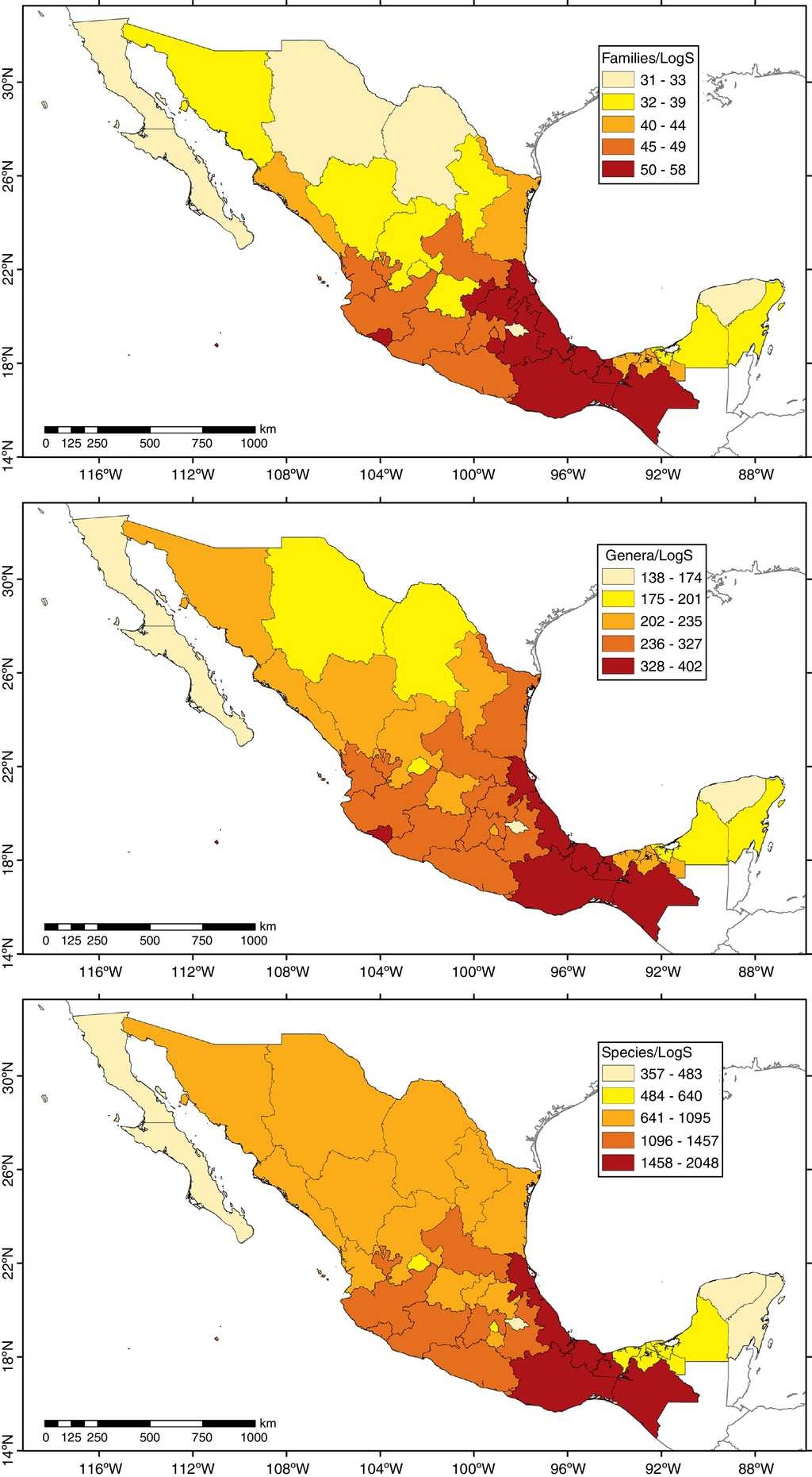 Richness of species, genera, and families in Mexican states. Figures are standardized by area by dividing the total values by the logarithm (log10) of the state's surface (S).