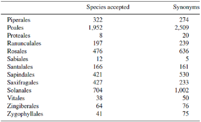 Number of Mexican species accepted and number of synonyms recorded, by order of the 3 main groups of vascular plants.