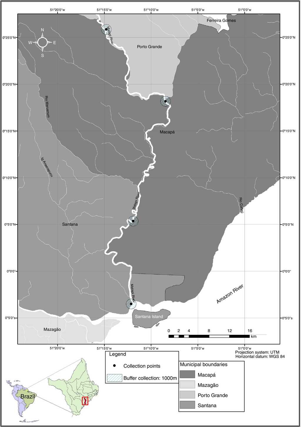 Geographic location of the study area and sampling sites along the Matapi River, eastern Amazon, Brazil.