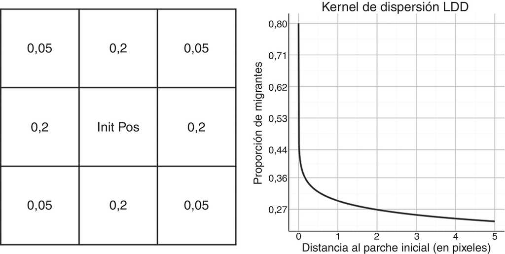 Kerneles de dispersión. Imagen izquierda, dispersión a las celdas contiguas (SDD). Imagen derecha, dispersión a celdas distantes (LDD) como función de la distancia d al parche inicial S.