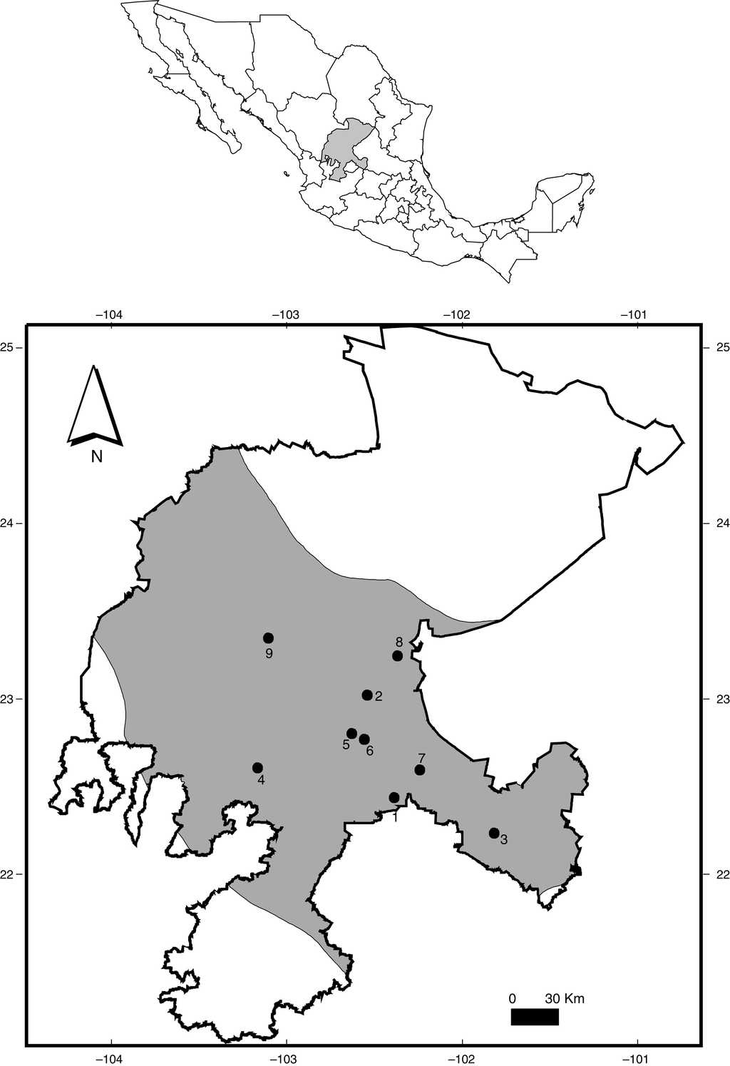 Map of Zacatecas indicating the localities where specimens of some rodents (Cricetidae, Heteromyidae, and Sciuridae) have been examined for helminth parasites (codes in Table 1; gray=Central Mexican Plateau).