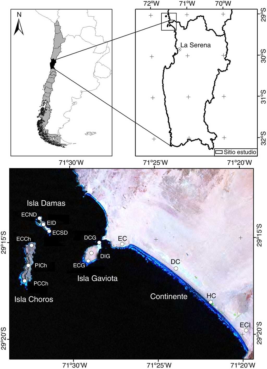 Localización geográfica del área de estudio. Continente: EC (estepa costera), DC (duna costera), HC (humedal costero), ECI (estepa costera interior); isla Choros: ECCh (estepa costera Choros), PICh (pedregoso interior Choros), PCCh (pedregoso costero Choros); isla Damas: ECND (estepa costera norte Damas), EID (estepa costera interior Damas), ECSD (estepa costera sur Damas); isla Gaviota: DCG (duna costera Gaviota), DIG (duna interior Gaviota), ECG (estepa costera Gaviota).