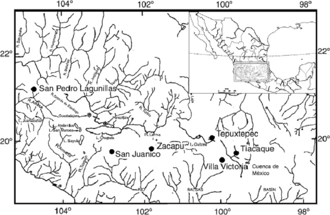 Localidades de procedencia de los organismos analizados de Chirostoma humboldtianum: Tiacaque, Villa Victoria, Tepuxtepec, Zacapu, San Juanico y San Pedro Lagunillas (modificado de Barbour, 1973a).