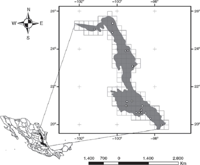 Divisi&oacute;n de M&eacute;xico en provincias geomorfol&oacute;gicas. El pol&iacute;gono gris corresponde a la Sierra Madre Oriental subdividida en celdas de 15 min de latitud y longitud. Los puntos blancos indican los sitios donde se han realizado inventarios flor&iacute;sticos.