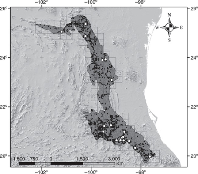 Distribuci&oacute;n geogr&aacute;fica de las Asteraceae en la Sierra Madre Oriental y los inventarios flor&iacute;sticos (puntos blancos) que all&iacute; se han realizado.