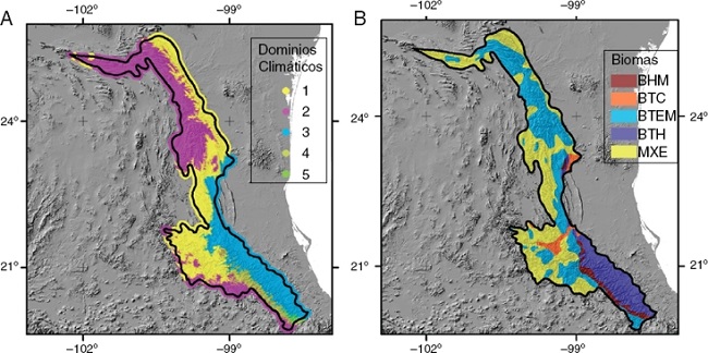 A) Distribuci&oacute;n geogr&aacute;fica de las 5 regiones clim&aacute;ticas de la Sierra Madre Oriental; B) distribuci&oacute;n de los 5 biomas que la caracterizan. BHM: bosque h&uacute;medo de monta&ntilde;a; BTC: bosque tropical estacionalmente seco; BTEM: bosque templado; BTH: bosque tropical h&uacute;medo; MXE: matorral xer&oacute;filo.
