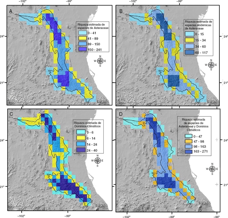 Distribuci&oacute;n de la riqueza estimada con total de especies (A), especies end&eacute;micas (B), dominios clim&aacute;ticos (C) y riqueza flor&iacute;stica y clim&aacute;tica (D).