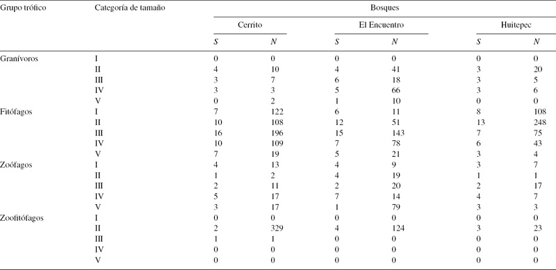 Riqueza (S) y n&uacute;mero de individuos (N) por grupo tr&oacute;fico y categor&iacute;a de tama&ntilde;o de heter&oacute;pteros en 3 bosques secundarios estudiados en Chiapas, M&eacute;xico.