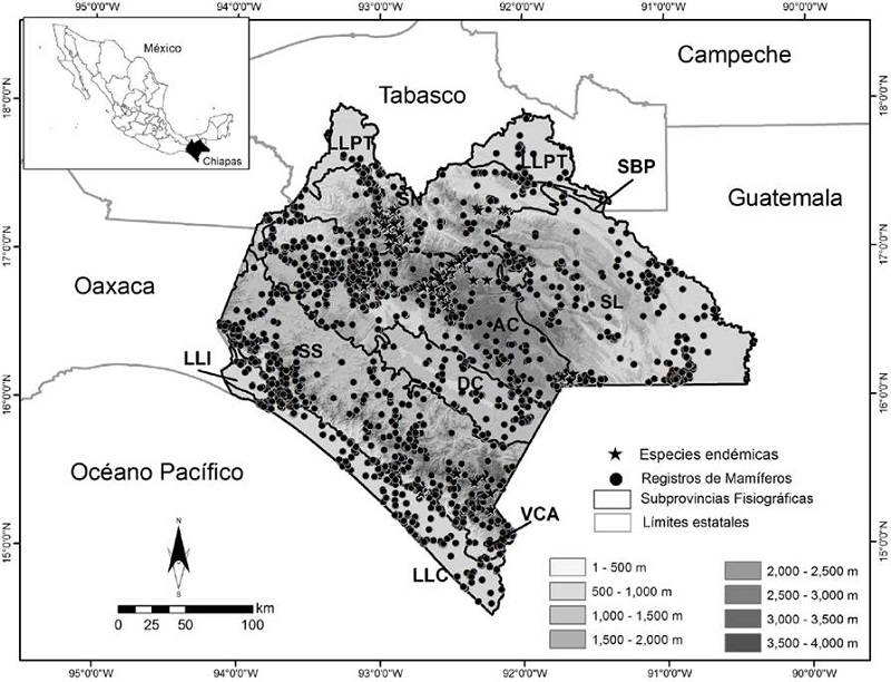 Localizaci&oacute;n de los mam&iacute;feros terrestres registrados en el estado de Chiapas, por subprovincia fisiogr&aacute;fica y altitud.AC: Altos de Chiapas; DC: Depresi&oacute;n Central de Chiapas; LLC: Llanura Costera de Chiapas y Guatemala; LLI: Llanura del Istmo; LLPT: Llanura y Pantanos Tabasque&ntilde;os; SBP: Sierras Bajas del Pet&eacute;n; SL: Sierra Lacandona; SN: Sierras del Norte de Chiapas; SS: Sierras del Sur de Chiapas; VCA: Volcanes de Centroam&eacute;rica.
