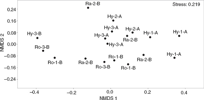 NMDS de muestras de macroinvertebrados recolectados en parches de macrófitas (Hy: Hydrocotyle spp.; Ra: Ranunculus flagelliformis; Ro: Rorippa nasturtium-aquaticum) de 3 arroyos de cabecera en pastizales de altura (1, 2 y 3) durante los periodos de aguas altas (A) y aguas bajas (B).