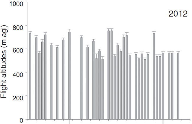 Mean flight altitude by night (+1 SE), recorded from different monitoring sites on the Pacific side of the Isthmus of Tehuantepec, Oaxaca, Mexico during five fall seasons.