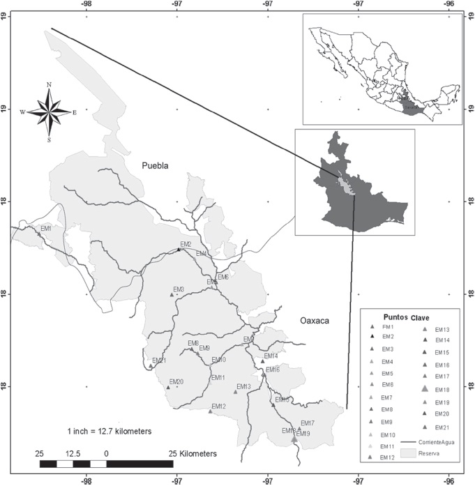 Localidades de muestreo para helmintos par&aacute;sitos de peces dulceacu&iacute;colas de la Reserva de la Biosfera Tehuac&aacute;n-Cuicatl&aacute;n en el &aacute;rea de Oaxaca.