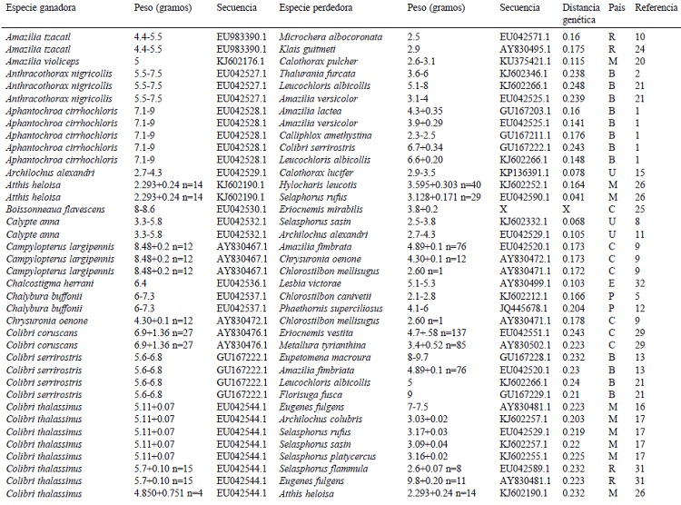 Resumen de la informaci&oacute;n contenida en este estudio. Se indica el pa&iacute;s (i.e., Estados Unidos = U, M&eacute;xico = M, Panam&aacute; = P, Costa Rica = R, Colombia = C, Ecuador = E y Brasil = B), la especie del colibr&iacute; ganador y perdedor de cada contienda, la distancia gen&eacute;tica entre contendientes, la secuencia del gen mitocondrial NADH deshidrogenasa subunidad 2 de Genbank y el peso promedio en caso de haberlo indicado el autor, el rango de peso de acuerdo a Schuchmann (1999) o Contreras-Mart&iacute;nez (2014) para aquellos pesos marcados con *. El n&uacute;mero est&aacute; asociado a las siguientes referencias: 1) Antunes, 2003; 2) Araujo-Silva y Bessa, 2010; 3) Arizmendi y Ornelas, 1990; 4) Ayala, 1986; 5) Boyden, 1978; 6) Chaves, 1997; 7) Colwell, 1973; 8) Copenhaver y Ewald, 1980; 9) Cotton, 1998; 10) Dearbon, 1998; 11) Ewald y Bransfield, 1987; 12) Fraga, 1989; 13) Justino et al., 2012; 14) Kuban et al., 1983; 15) Kuban y Neill, 1980; 16) Lara, 2006; 17) Lara et al., 2009; 18) Lara et al., 2011; 19) Lyon, 1976; 20) Ornelas et al., 2002; 21) Persegona et al., 2009; 22) Pimm et al., 1985; 23) Powers y Mckee, 1994; 24) Primack y Howe, 1975; 25) Ram&iacute;rez-Burbano et al., 2007; 26) Rodr&iacute;guez-Flores y Arizmendi, 2016; 27) Salamanca-Reyes, 2011; 28) Taylor, 2005; 29) Toloza-Moreno et al., 2014; 30) Wolf, 1969; 31) Wolf et al., 1976; 32) Woods y Ramsay, 2001.