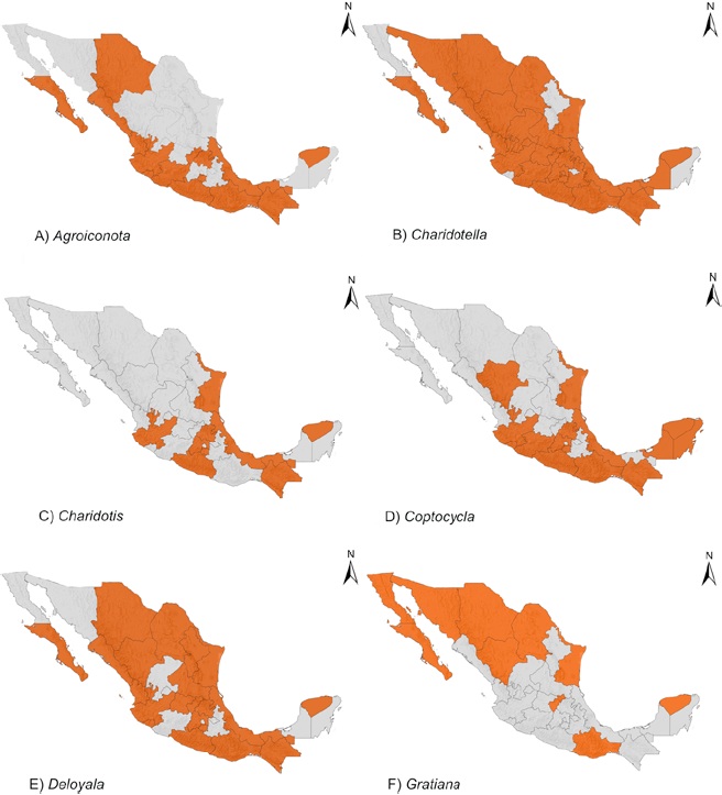 Distribuci&oacute;n en M&eacute;xico de g&eacute;neros de Cassidini s. l. A) Agroiconota Spaeth, B) Charidotella Weise, C) Charidotis Boheman, D) Coptocycla Chevrolat, E) Deloyala Chevrolat, F) Gratiana Spaeth.