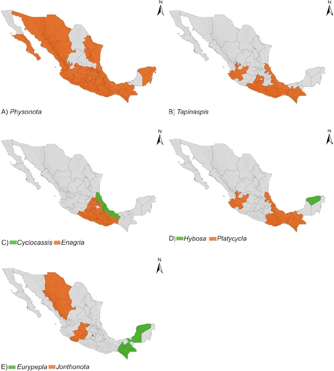 Distribuci&oacute;n en M&eacute;xico de g&eacute;neros de Cassidini s. l. A) Physonota Boheman, B) Tapinaspis Spaeth, C) Cyclocassis Spaeth y Enagria Spaeth, D) Hybosa Duponchel y Platycycla Boheman, E) Eurypela Boheman y Jonthonota Spaeth.
