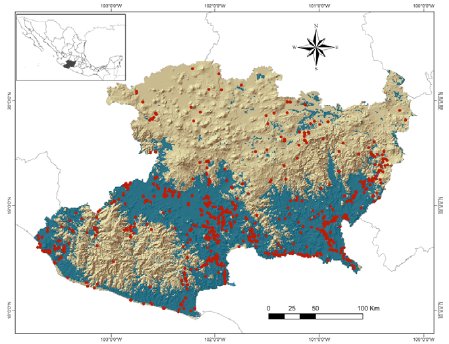 Potential distribution of the seasonally dry tropical forest (blue area) in the state of Michoacán obtained with the assembly of 76 individual species ecological niche models. The red circles show the occurrence points used in the modeling of the species considered