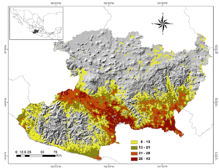 Number of species characteristic of the seasonally dry tropical forest (Table 1). The red color shows the areas of highest concentration of species (> 28), while the areas of lower concentration are shown in yellow